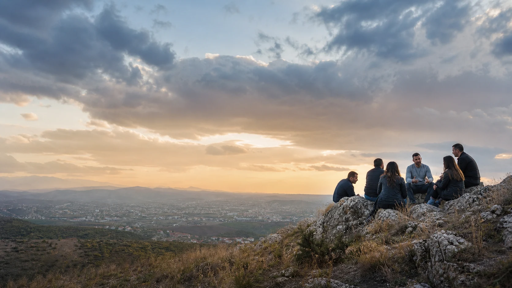 A small community gathered above an Albanian town at sunrise